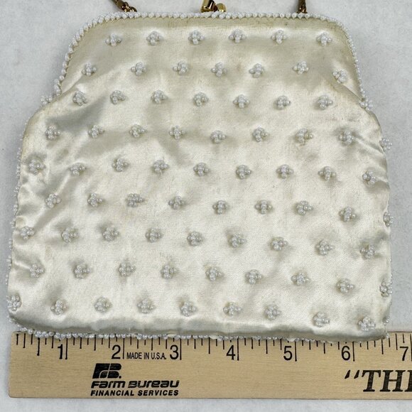 Vintage Womens White Beaded Geometric Floral Evening Bag Small Clutch Purse HK - Picture 11 of 12